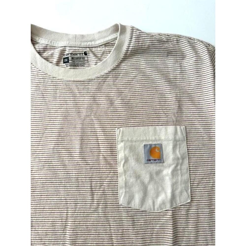Vintage Carhartt Micro-Stripe Pocket Tee Cream Gray 2XL Relaxed Fit